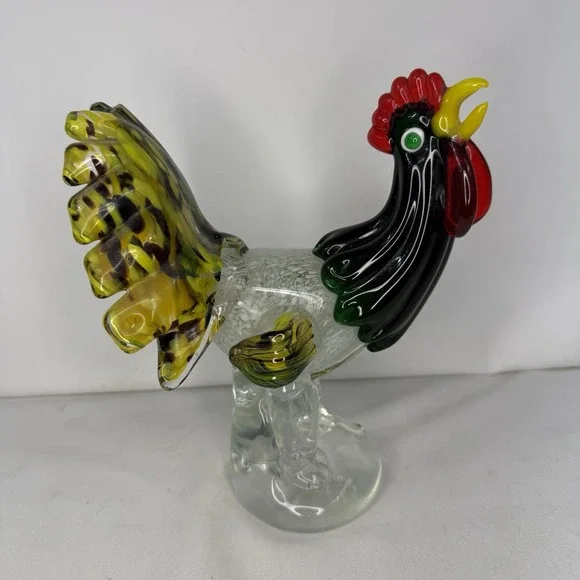 Vintage Murano Style Glass Rooster Bird Decor Colorful Clear Green Yellow - Picture 2 of 13